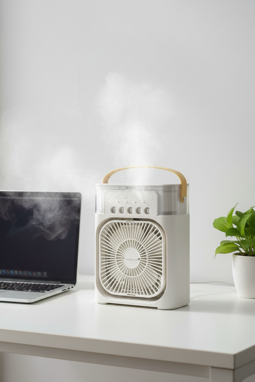 USB humidifying spray fan misting on a modern desk with laptop and plant